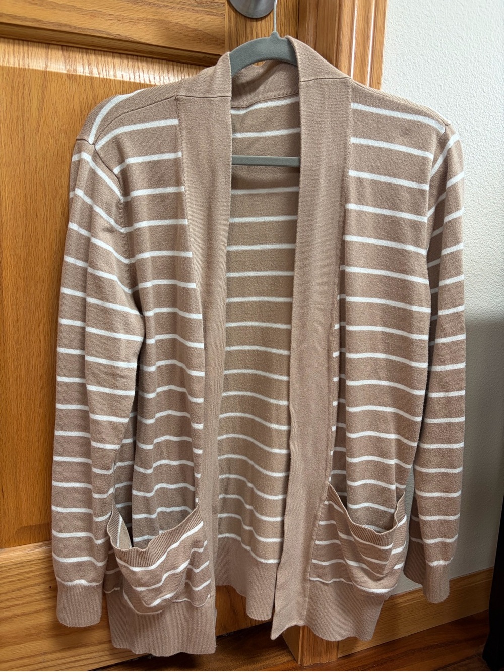 Women’s Taupe and White Striped Open Cardigan Sweater (S/M)